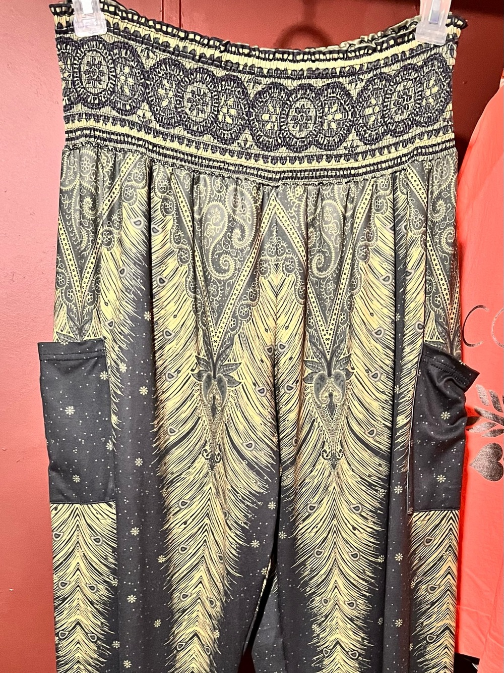 Smocked-Waist Black & Gold Printed Wide-Leg Jumpsuit pants